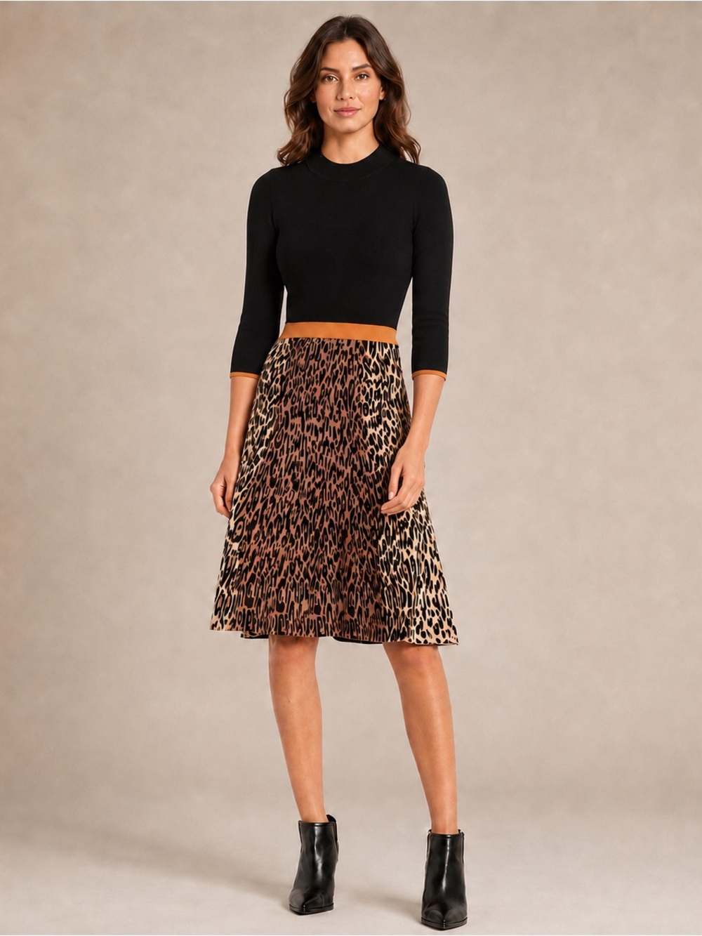 Eliza J Knit Animal Print A-Line Dress 3/4 Sleeve Black Tan Medium Professional